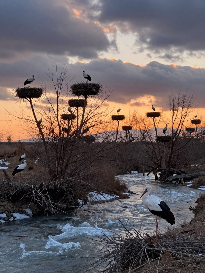 Painted Storks Nesting Over Glacial Stream at Ramadi in above a glacial stream near Ramadi