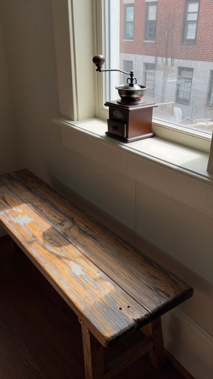 Painted Wood Bench And Vintage Coffee Grinder in Boston in in Boston, Massachusetts, United States