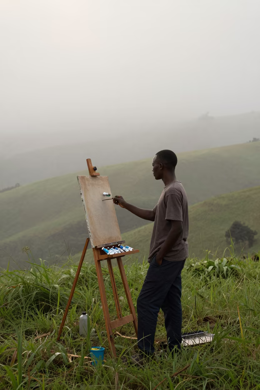Painter at Easel Near Mbale in Wet Season Mist in near Mbale