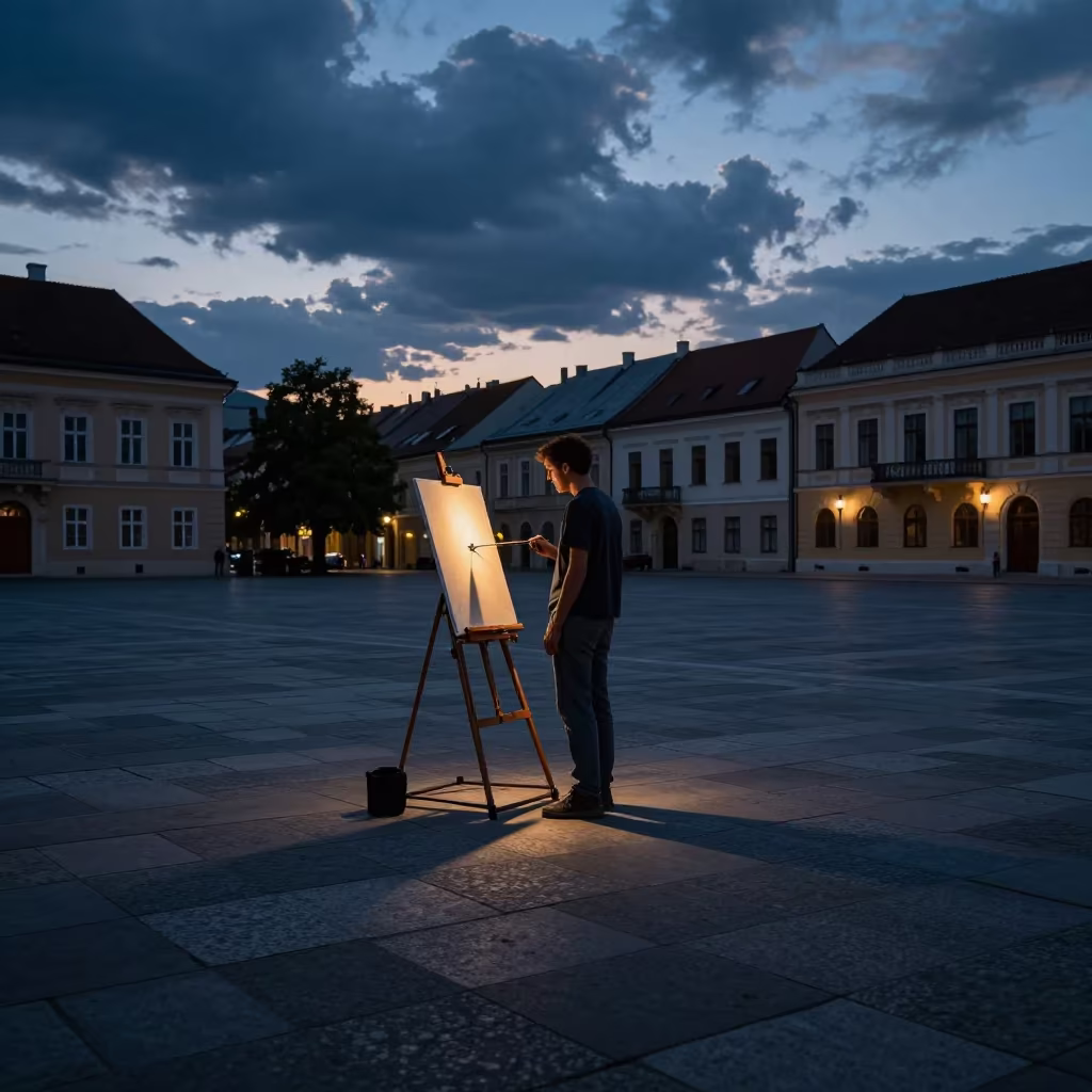 Painter at Easel in Zagreb Square Twilight in at a public square in Zagreb