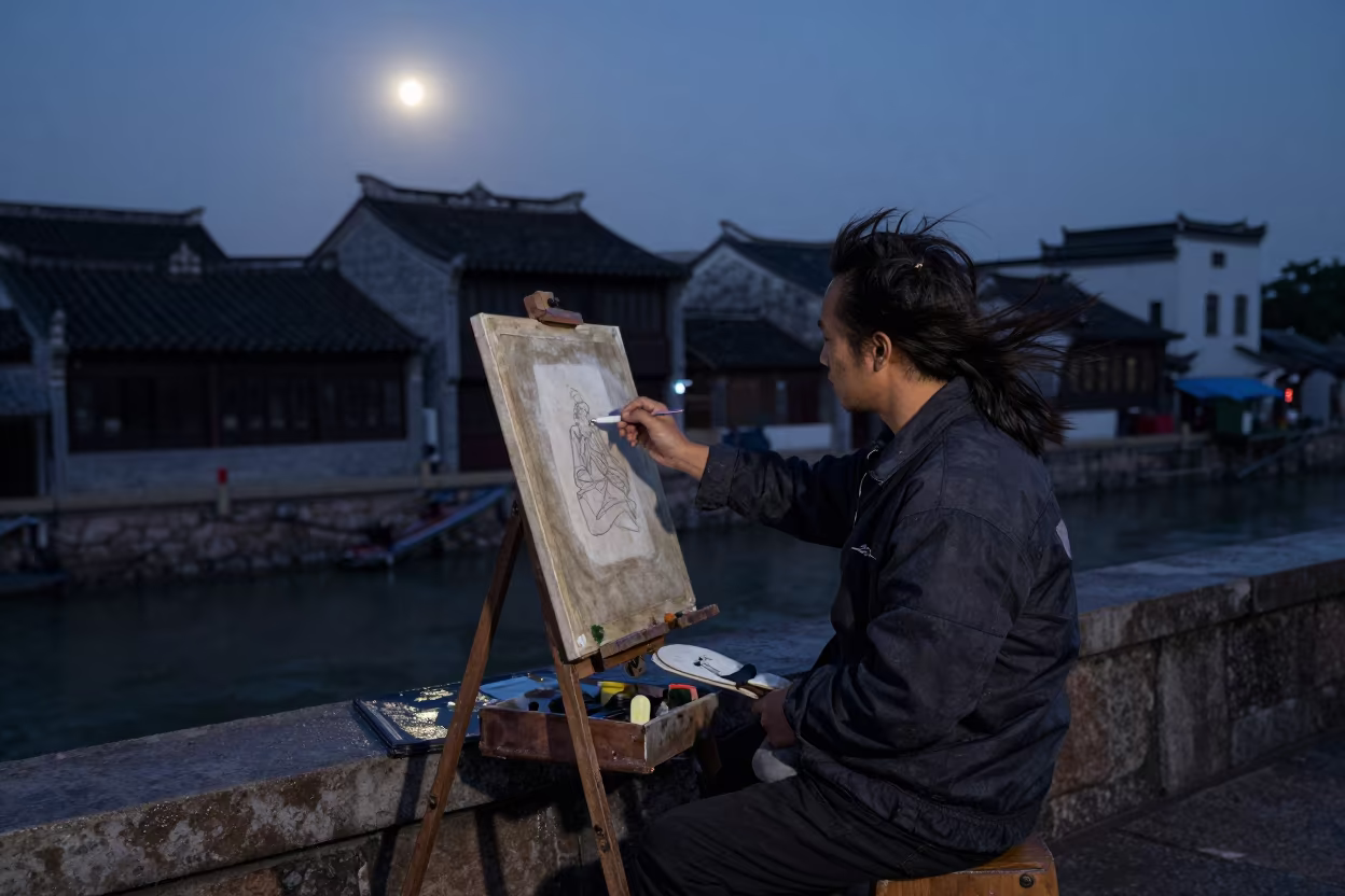 Painter at Harbor Easel in Predawn Guangzhou in at a harbor edge in Xiguan, Guangzhou