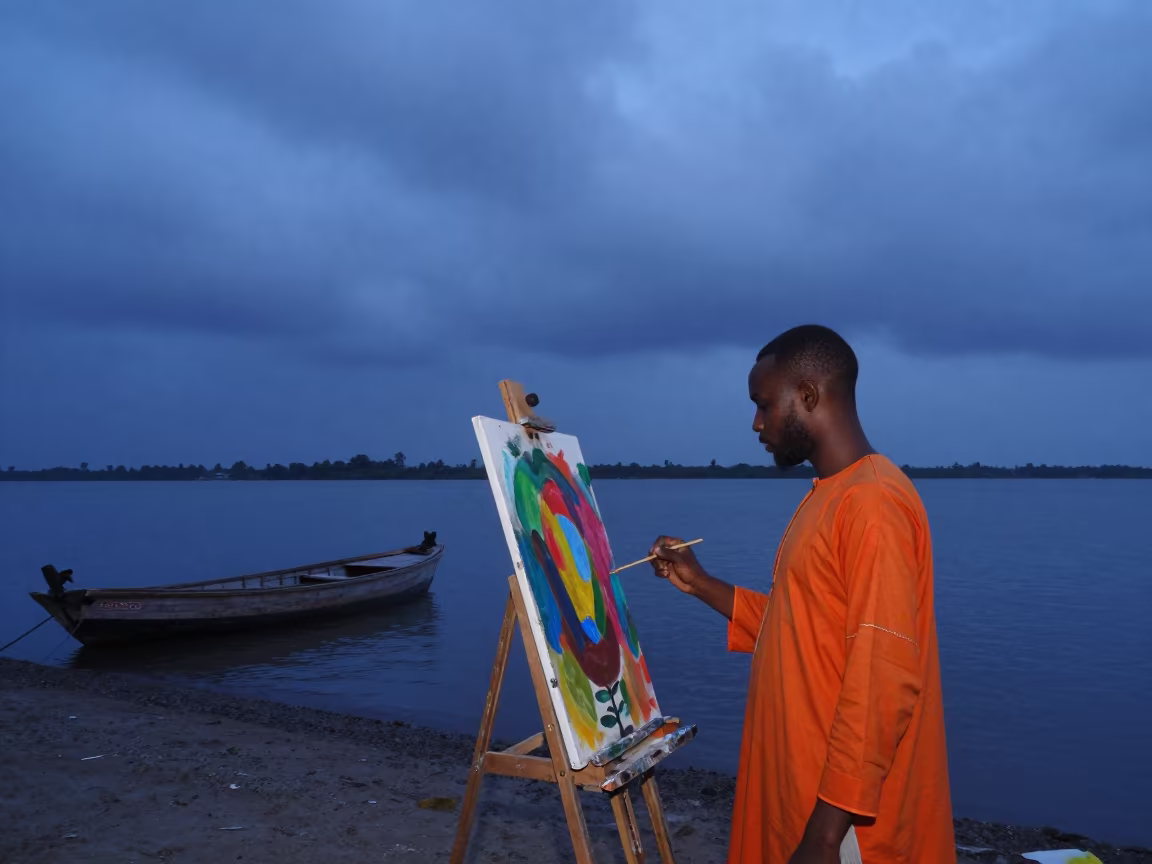 Painter at Kismayo Easel in Indigo Twilight in near a riverside landing in Kismayo