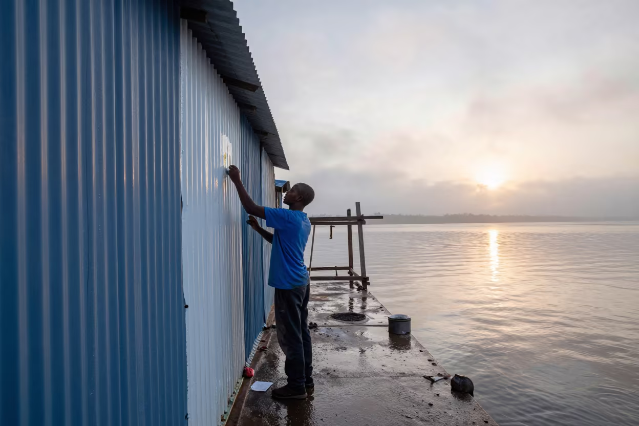Painter Whitewashing Harbor Wall at Dawn in at a harbor edge in Mufulira