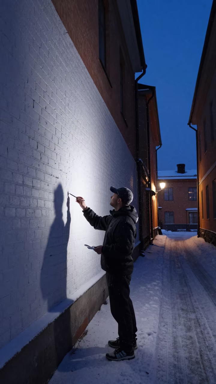 Painter Whitewashing Helsinki Wall in Twilight in in the old quarter in Helsinki