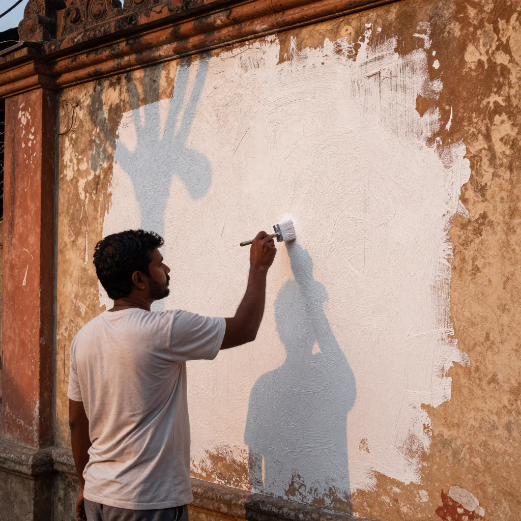 Painter Whitewashing Historic Wall in Chennai India Evening Light in in Chennai, India