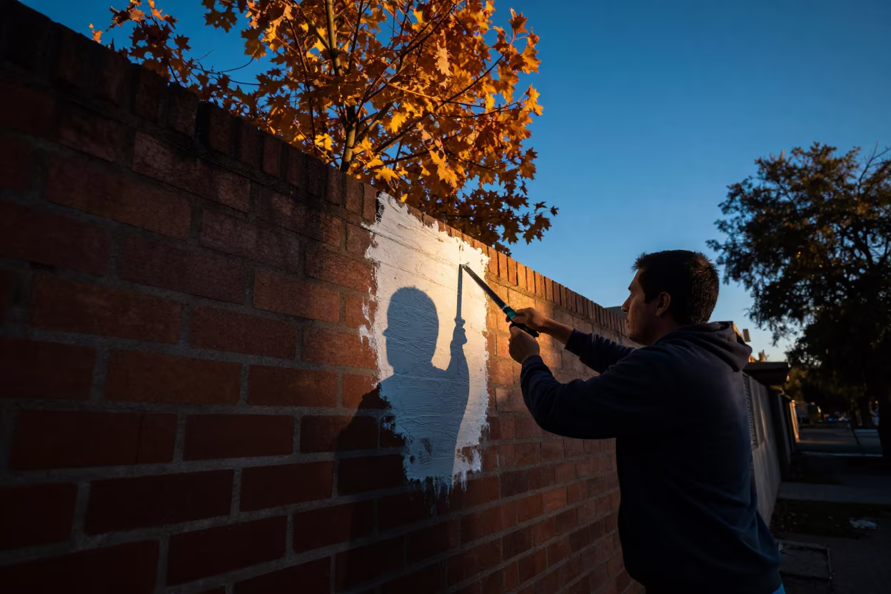 Painter Whitewashing Wall in Puente Alto Autumn in in Puente Alto