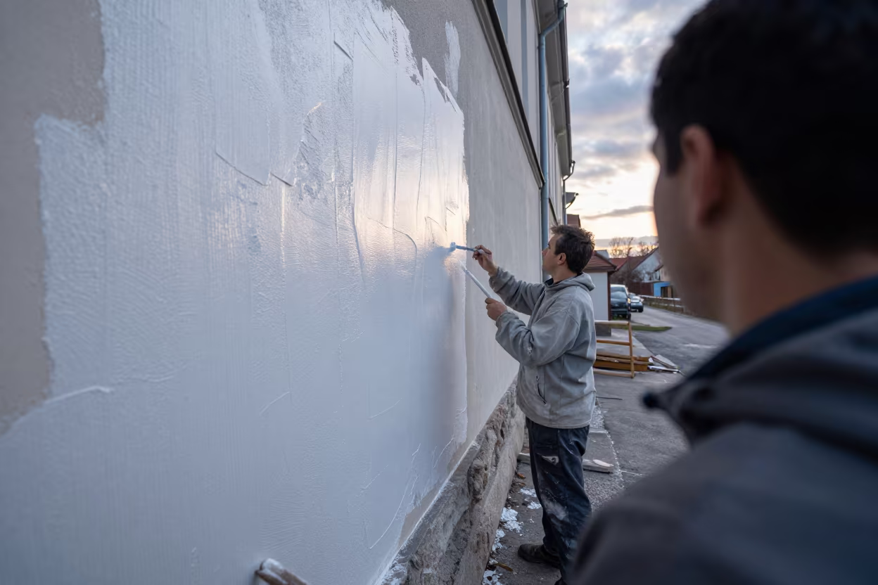 Painter Whitewashing Zagreb Wall at Dawn in in Zagreb
