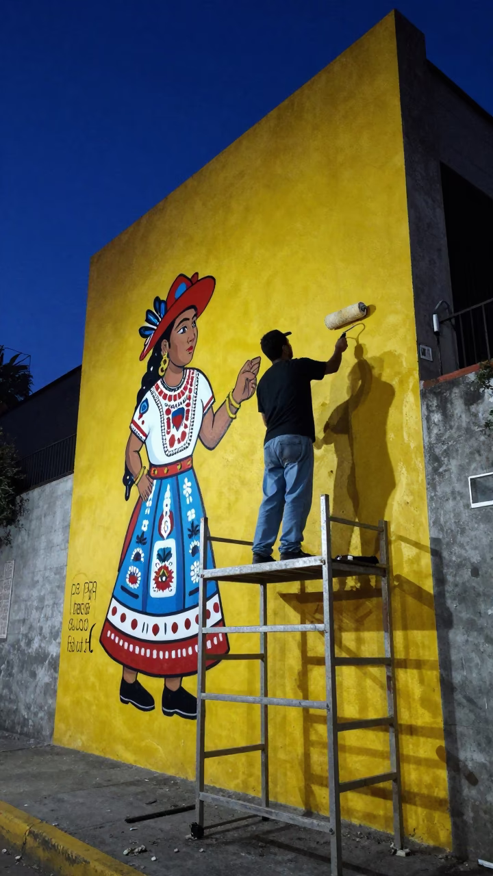 Painting Mural in Mexico City at The Predawn Darkness Light in in Mexico City, Mexico