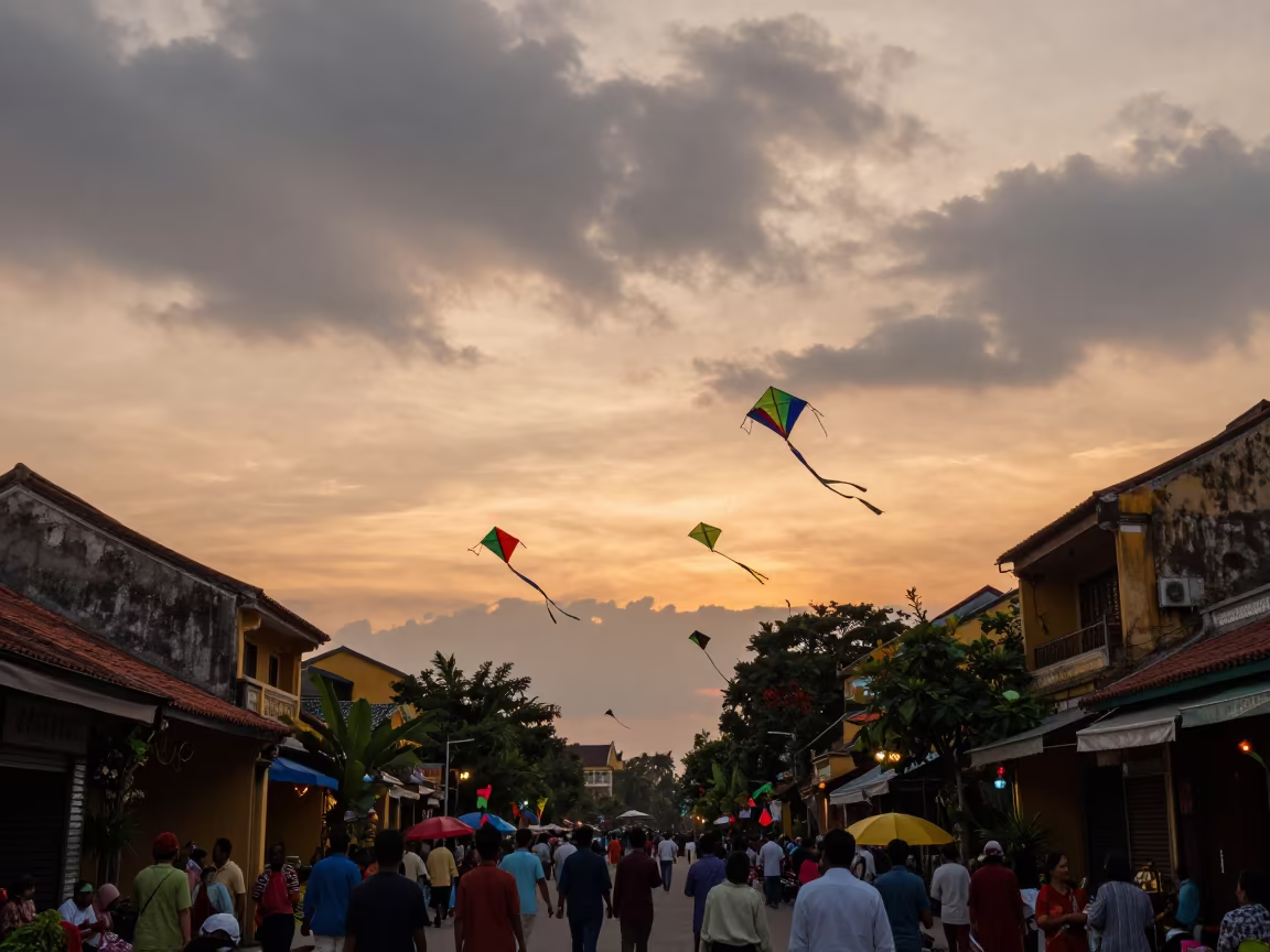 Pakistani Basant Kites in Hoi An Street in at a festival street procession in Hoi An