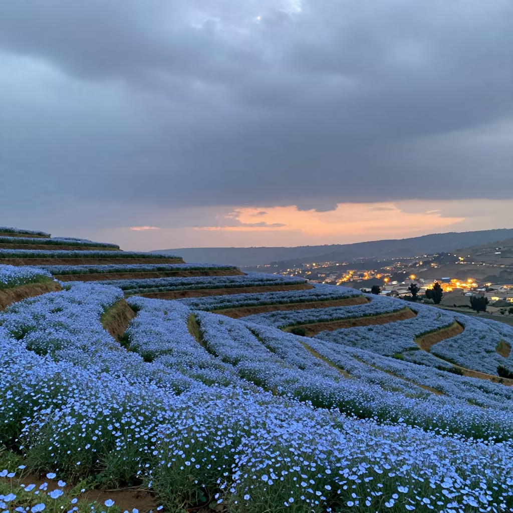 Pale Blue Flax Blooms on Ethiopian Terraces at Indigo Twilight in among terraced garden plots in Ethiopia