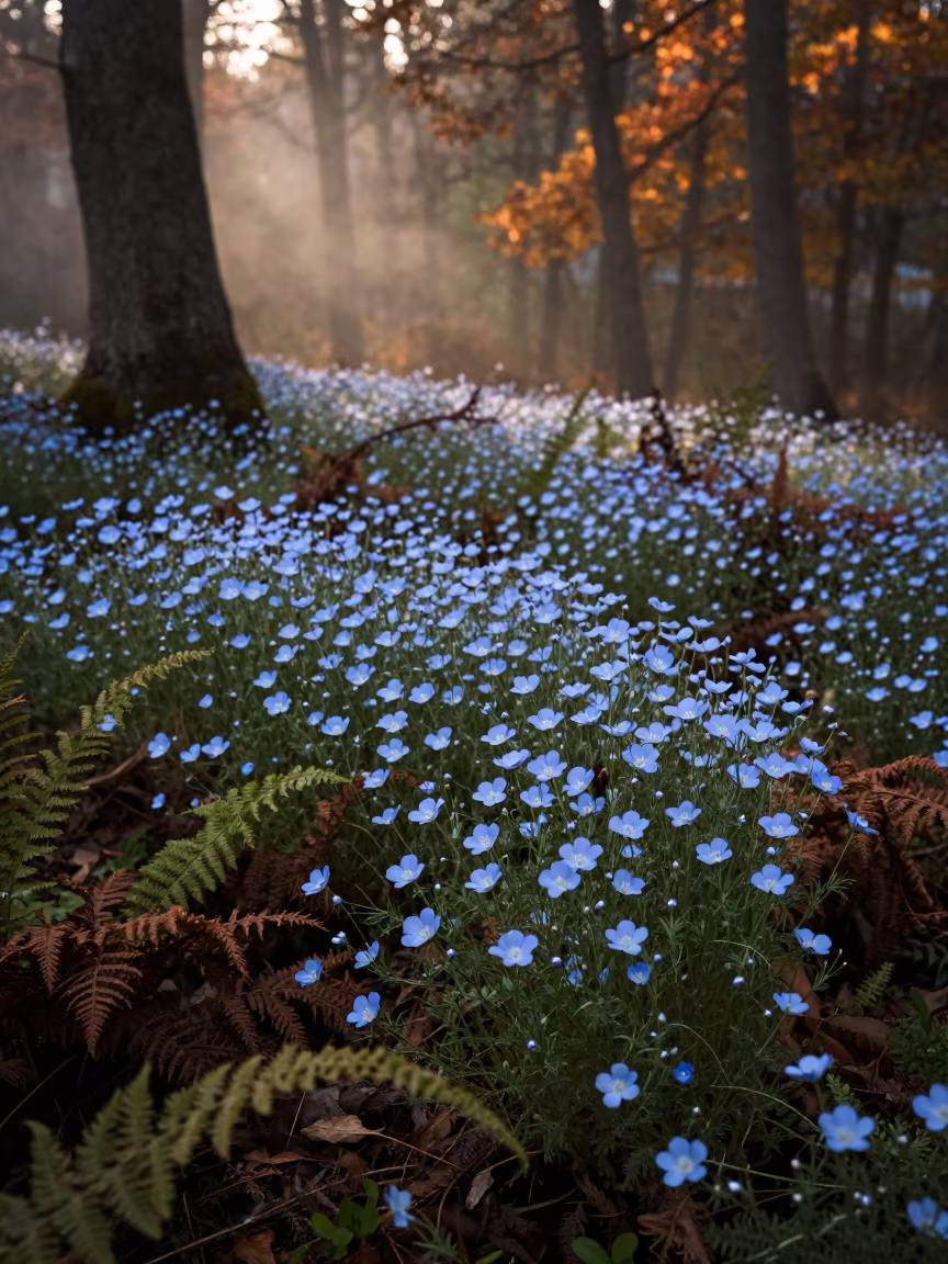 Pale Blue Flax Blooms on Forest Floor Near Trabzon in on a fern-lined forest floor near Trabzon