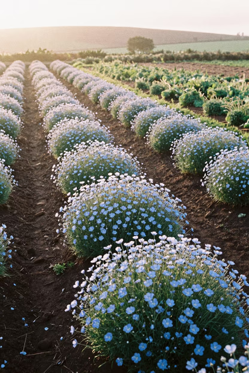Pale Blue Flax Blooms in Scottish Terraced Garden at Sunrise in among terraced garden plots in Scotland