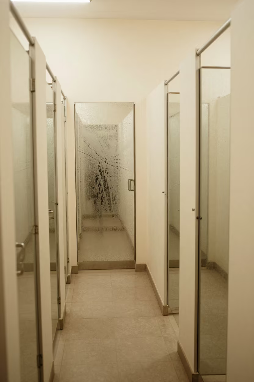 Pale Corridor with Condensation and Mirrored Reflections in inside a fitting room corridor in Kafr el-Sheikh