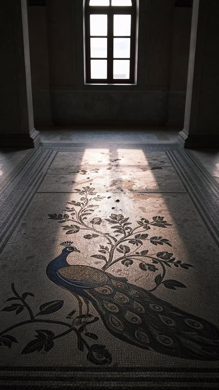 Pale Dawn Light on Ancient Mosaic Peacocks in in a mosque prayer hall in Antalya