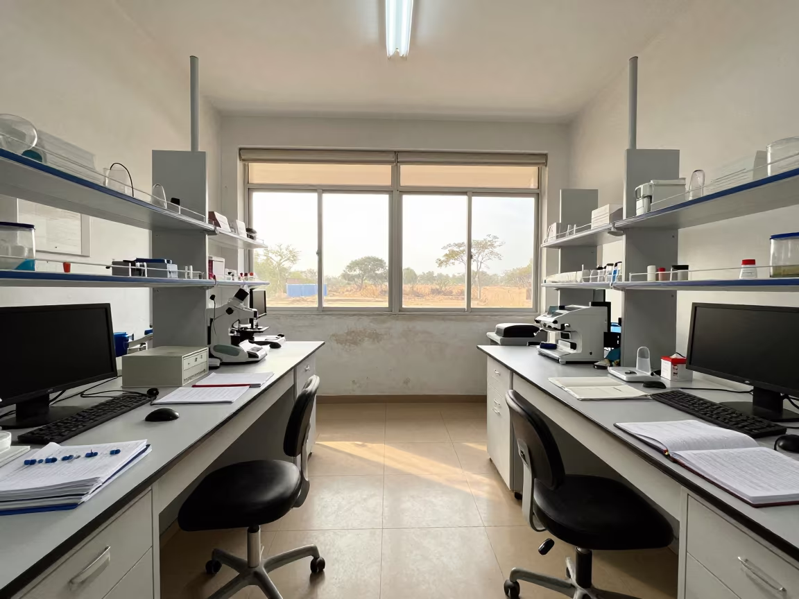 Pale Dawn Light on Lab Bench in Conakry in at an engineering workbench near Conakry