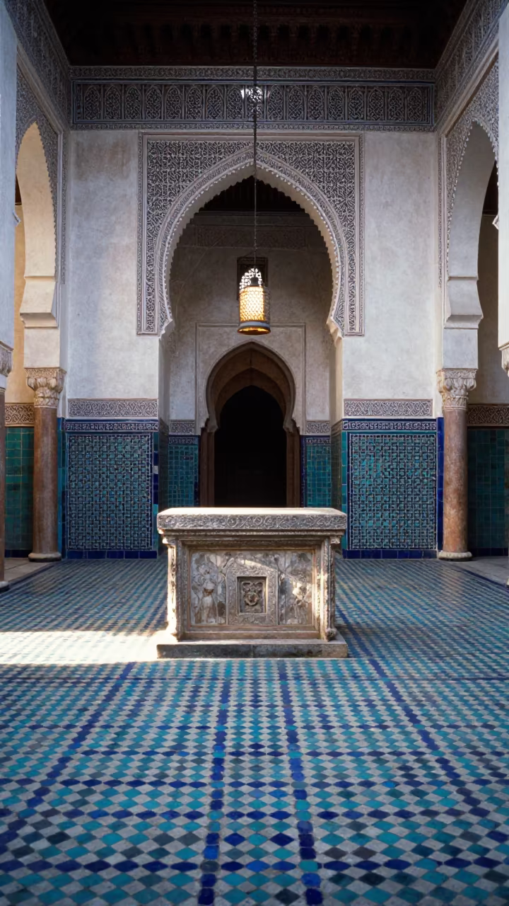 Pale Dawn Light in Marrakech Mosque Interior in at the foot of a stone altar in Mellah, Marrakech