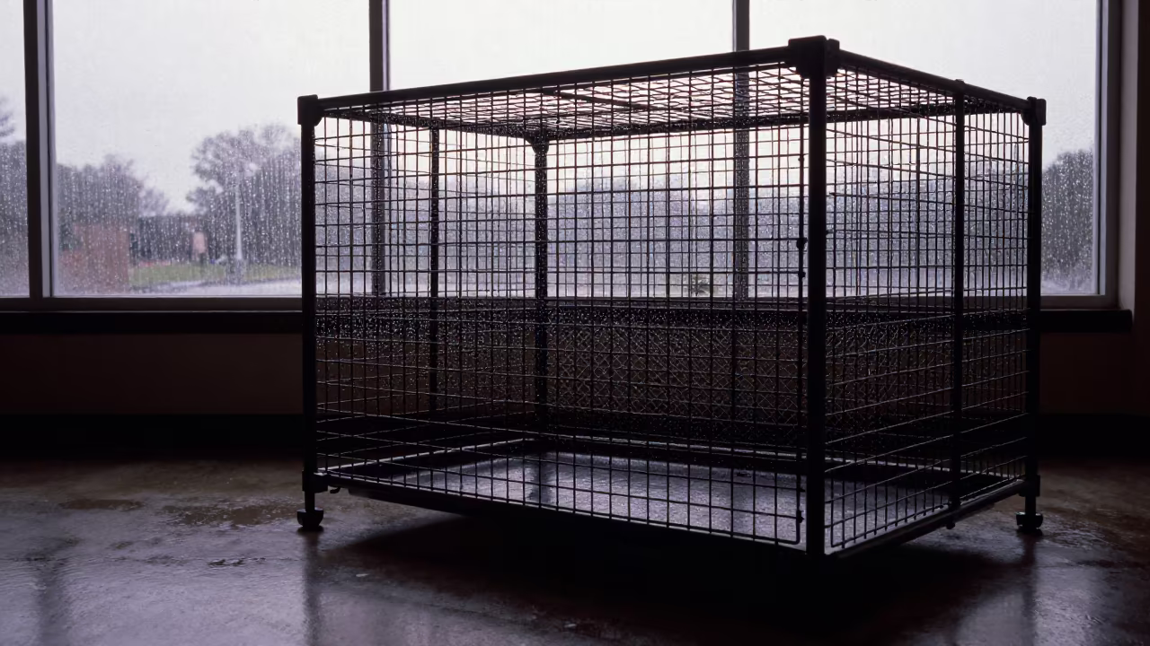Pale Dawn Light Silhouettes Mess Hall Tray Cage in in a mess hall before service in Indiana