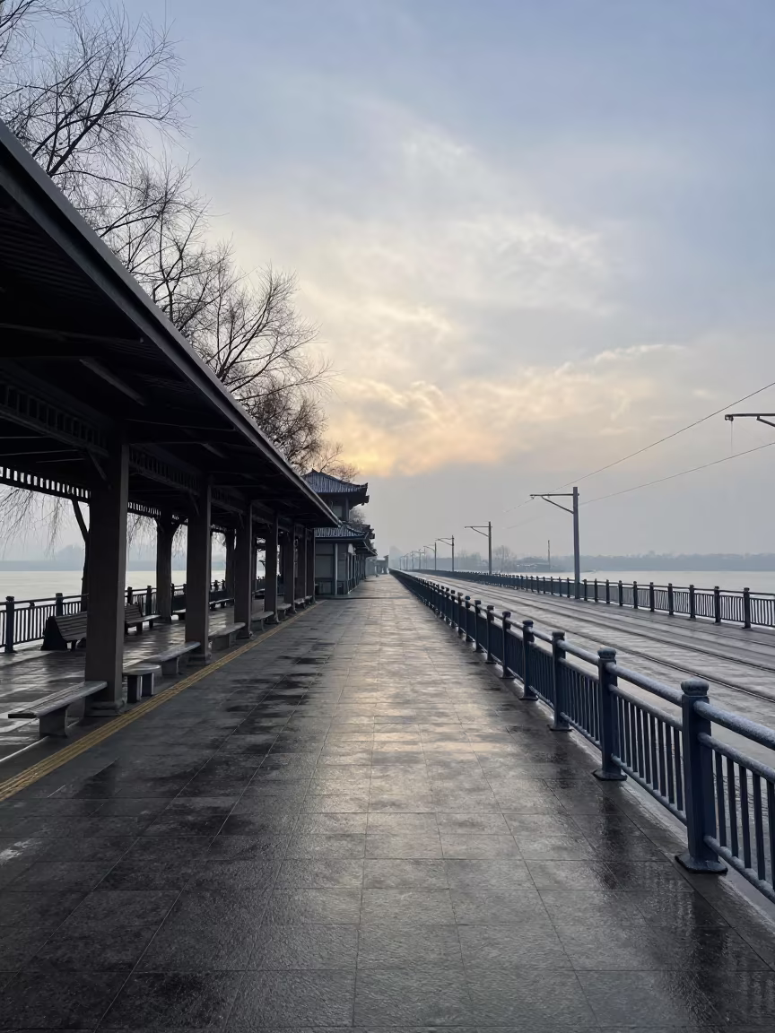 Pale Dawn Light on Waterside Pavilion Tram Lines in inside a restored train terminal near Jinan