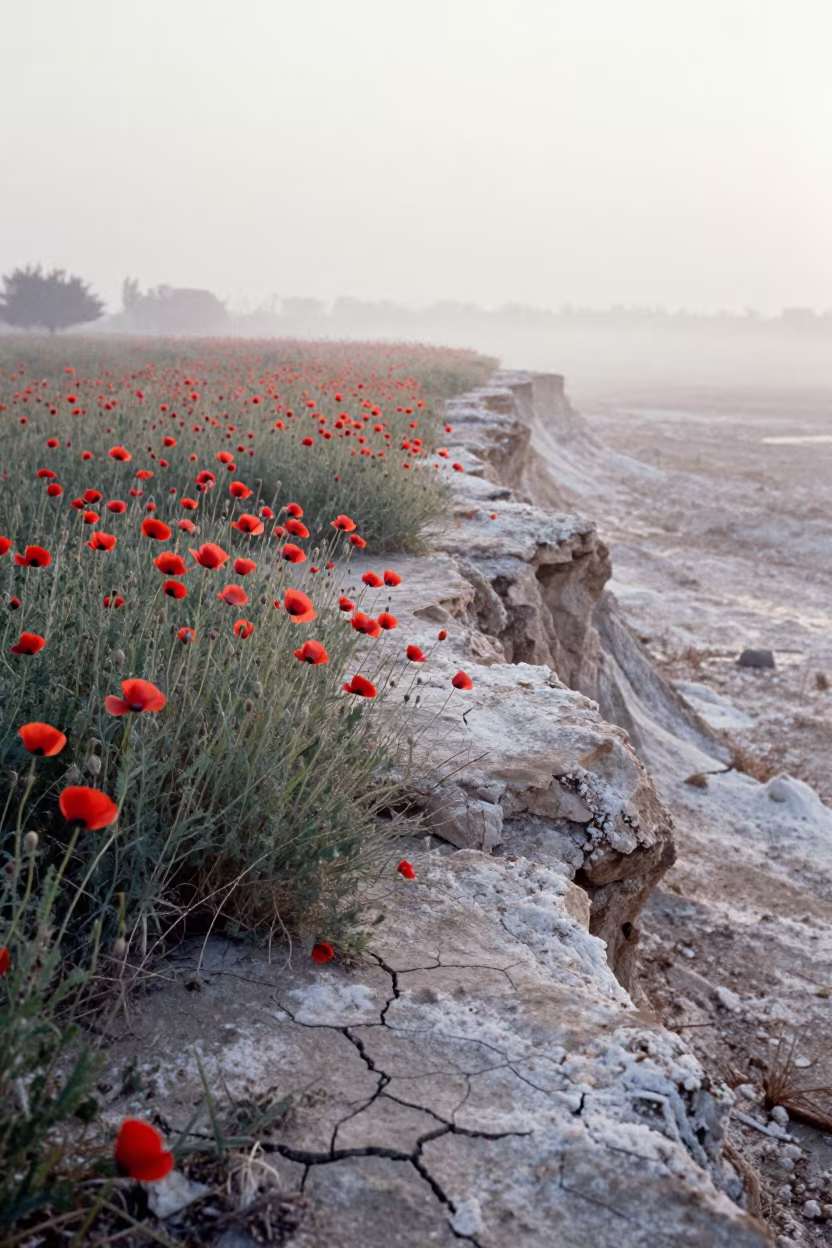 Pale Red Poppies Along Misty Iraqi Cliff Edge in along a salt-sprayed cliff edge near Al Diwaniyah