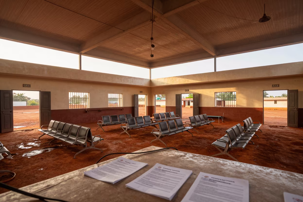 Pale Sunset Light in Ondjiva Polling Gym in inside a polling station gymnasium in Ondjiva