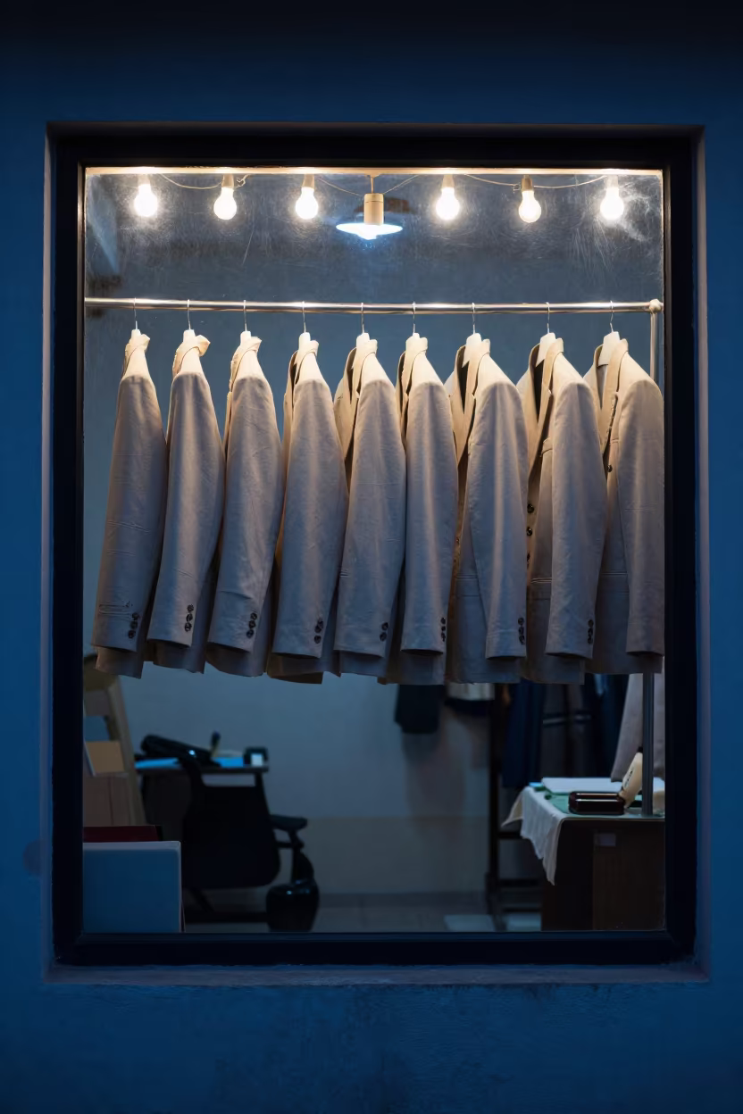 Pale Tailoring Display in Al Qadarif Window in inside a couture atelier in Al Qadarif