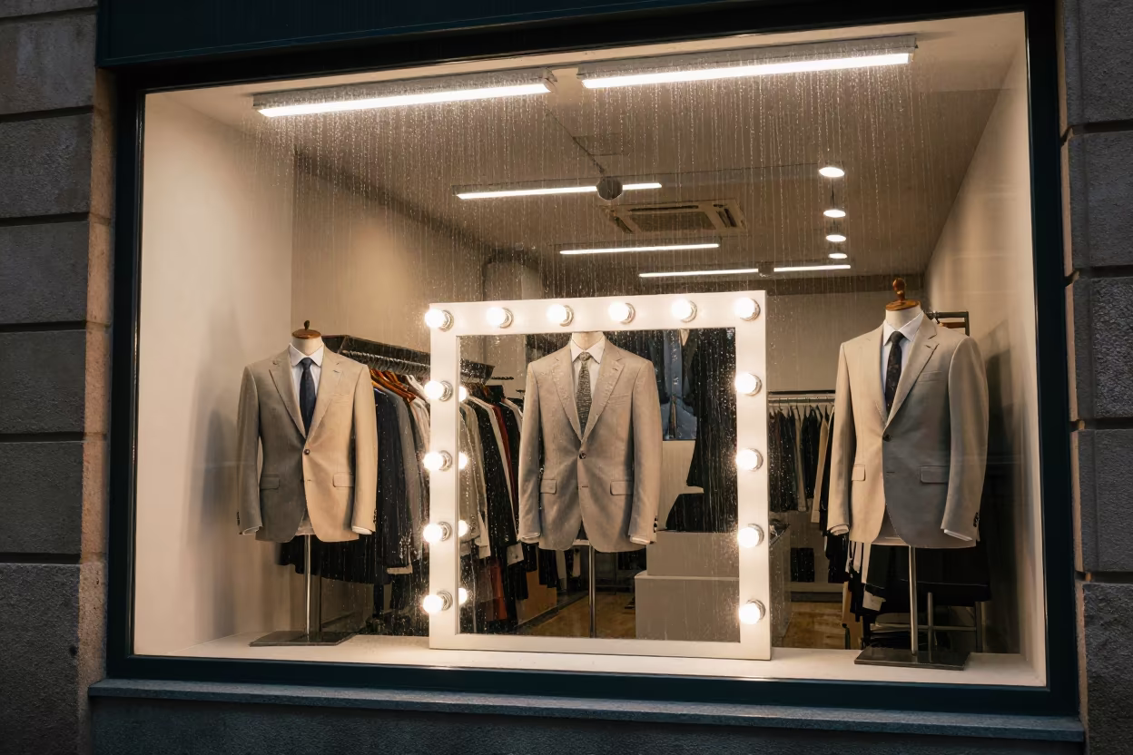 Pale Tailoring in Badajoz Window Before Dawn in beside a mirror lined with makeup bulbs near Badajoz