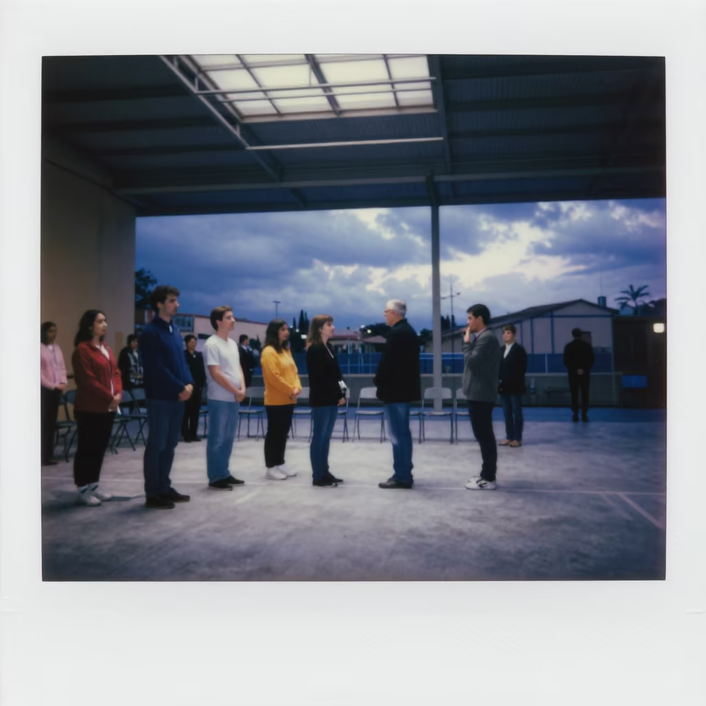 Pale Twilight Light Across Civic Oath Ceremony in inside a polling station gymnasium near Palermo