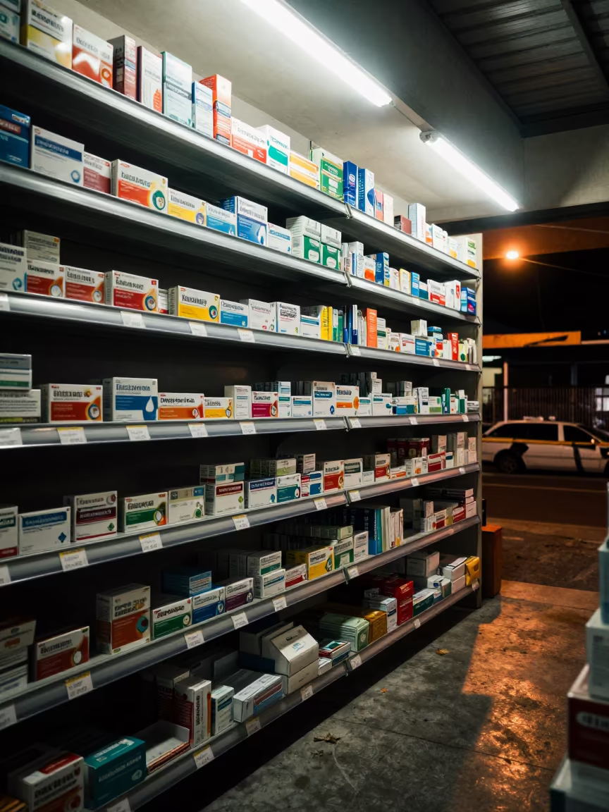 Palembang Pharmacy Stockroom Cold Remedies Night in inside a stockroom behind the sales floor near Palembang