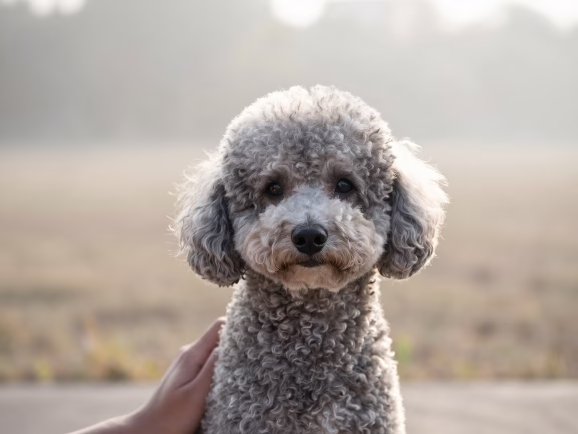 Palembang Poodle Portrait Morning Light in near a garden edge with soft morning light and an uncluttered background in Palembang