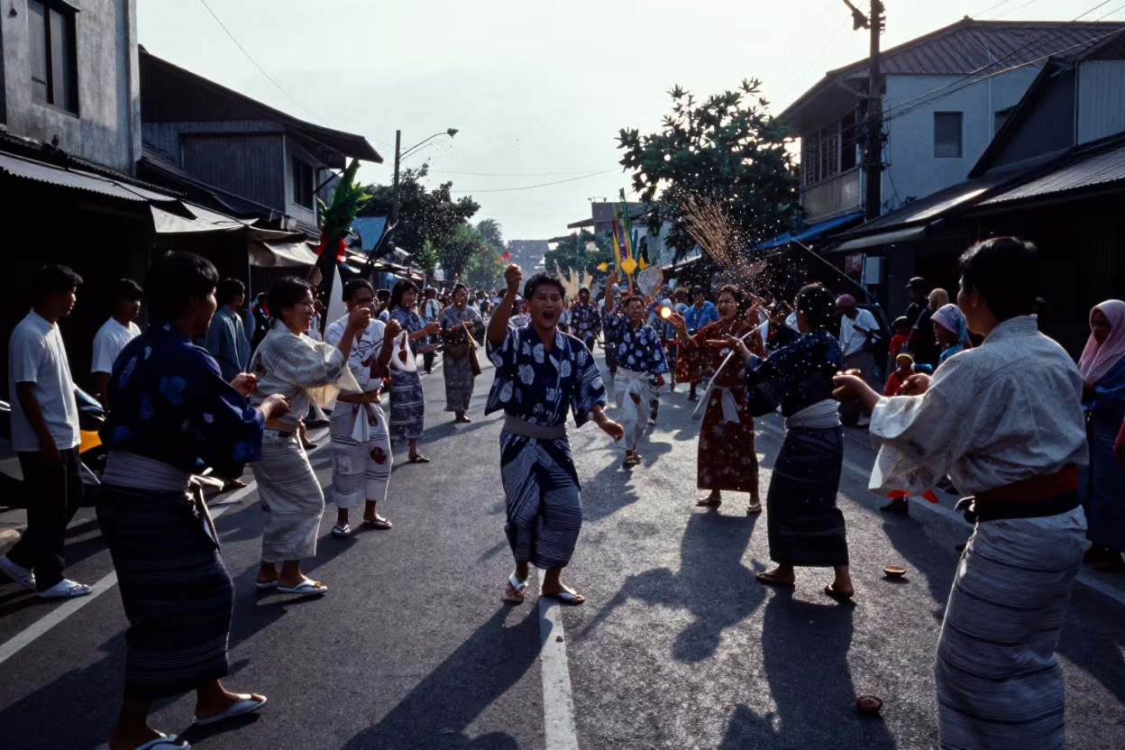 Palembang Setsubun Dawn Bean Throwers in Shadow in at a festival street procession in Palembang