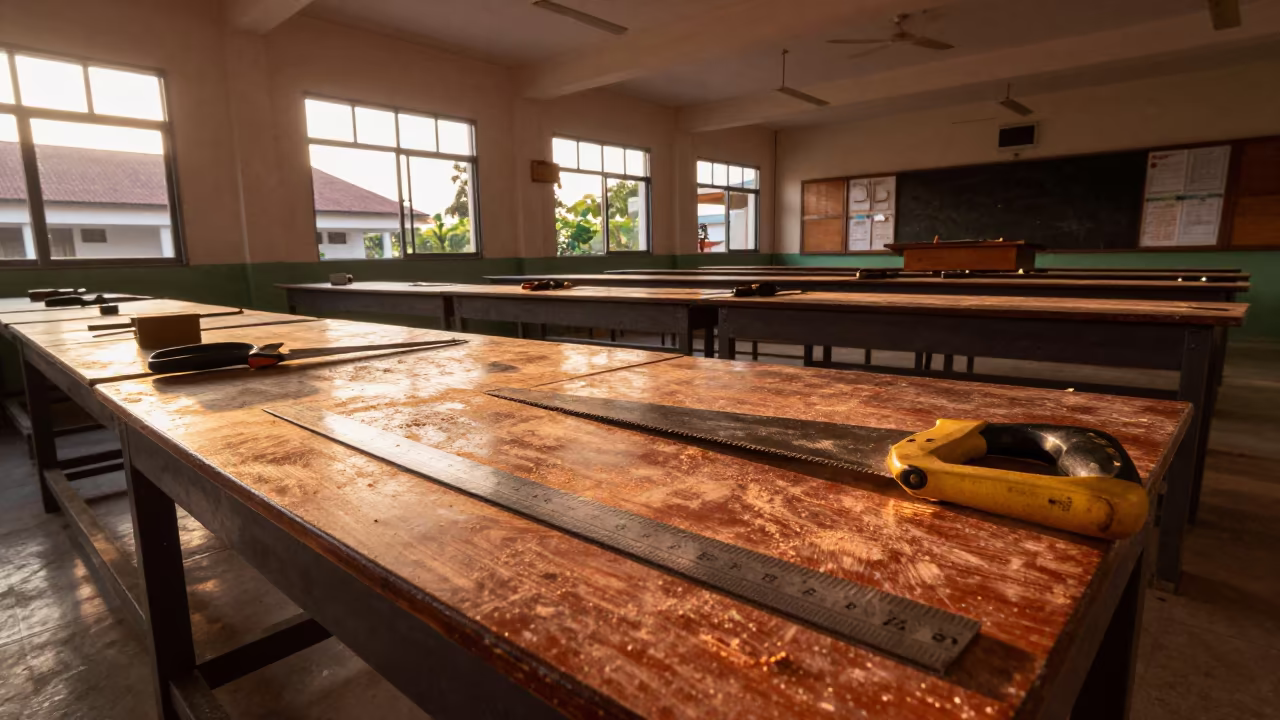 Palembang Workshop Bench in Golden Hour Light in inside a quiet classroom in Palembang