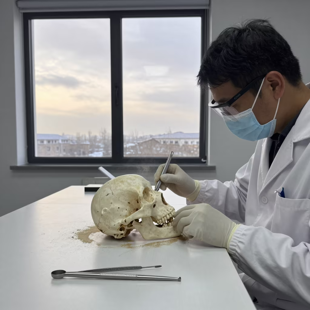 Paleontologist brushing fossil skull in Kırıkkale lab in inside a clean room in Kırıkkale