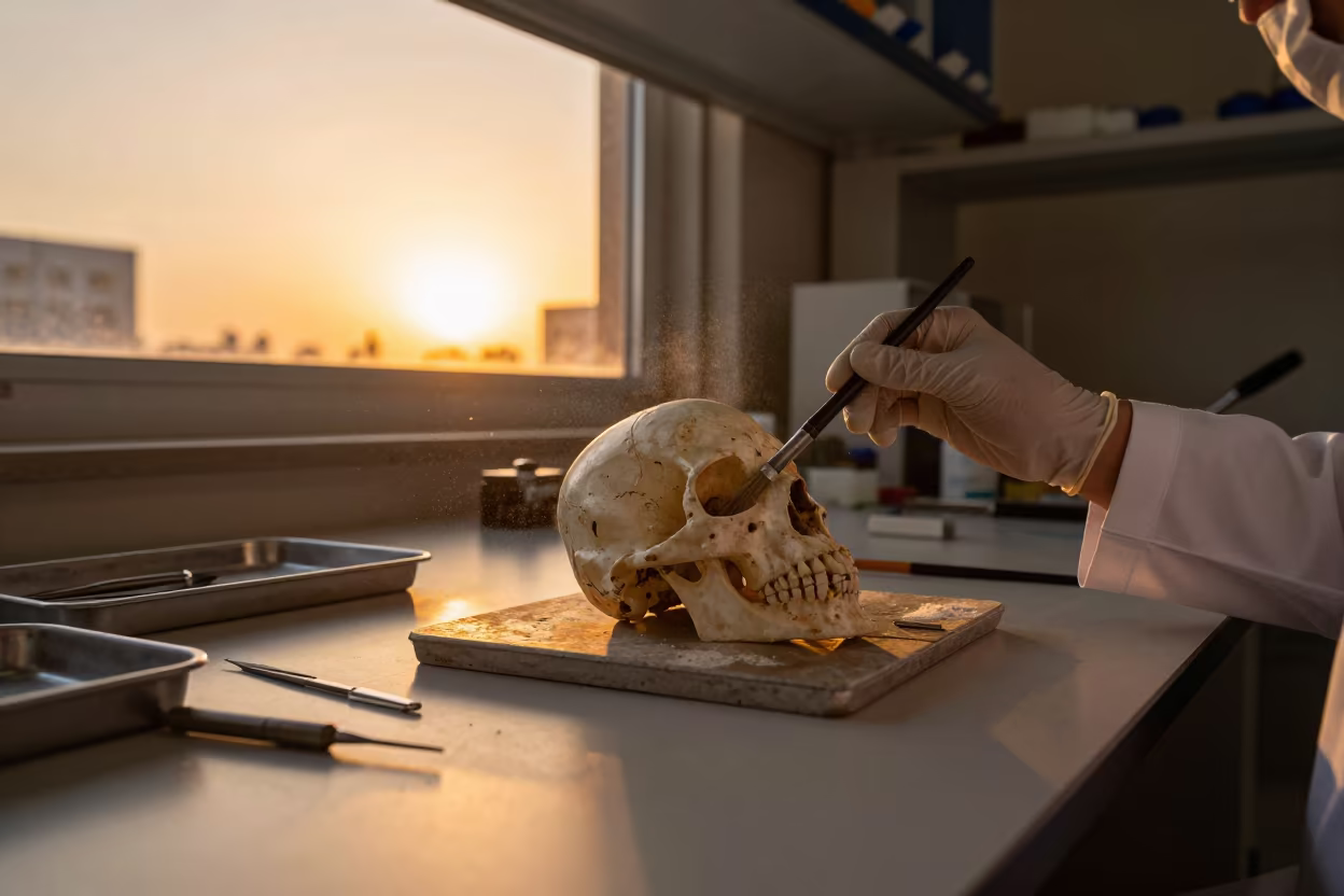 Paleontology Lab Sharjah Fossil Skull Brushing in at an engineering workbench in Sharjah