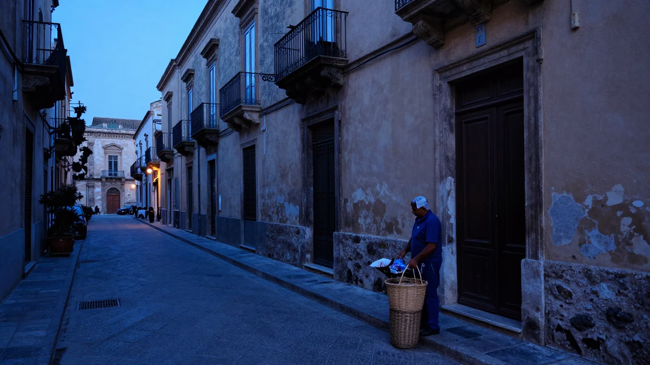 Palermo Evening Blue Hour Street Scene with Local Basket and Traditional Elements in in Palermo, Italy