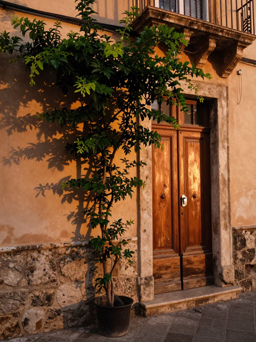 Palermo Evening Street Scene with Climbing Jasmine and Nickel Latch in Honeyed Light in in Palermo, Italy