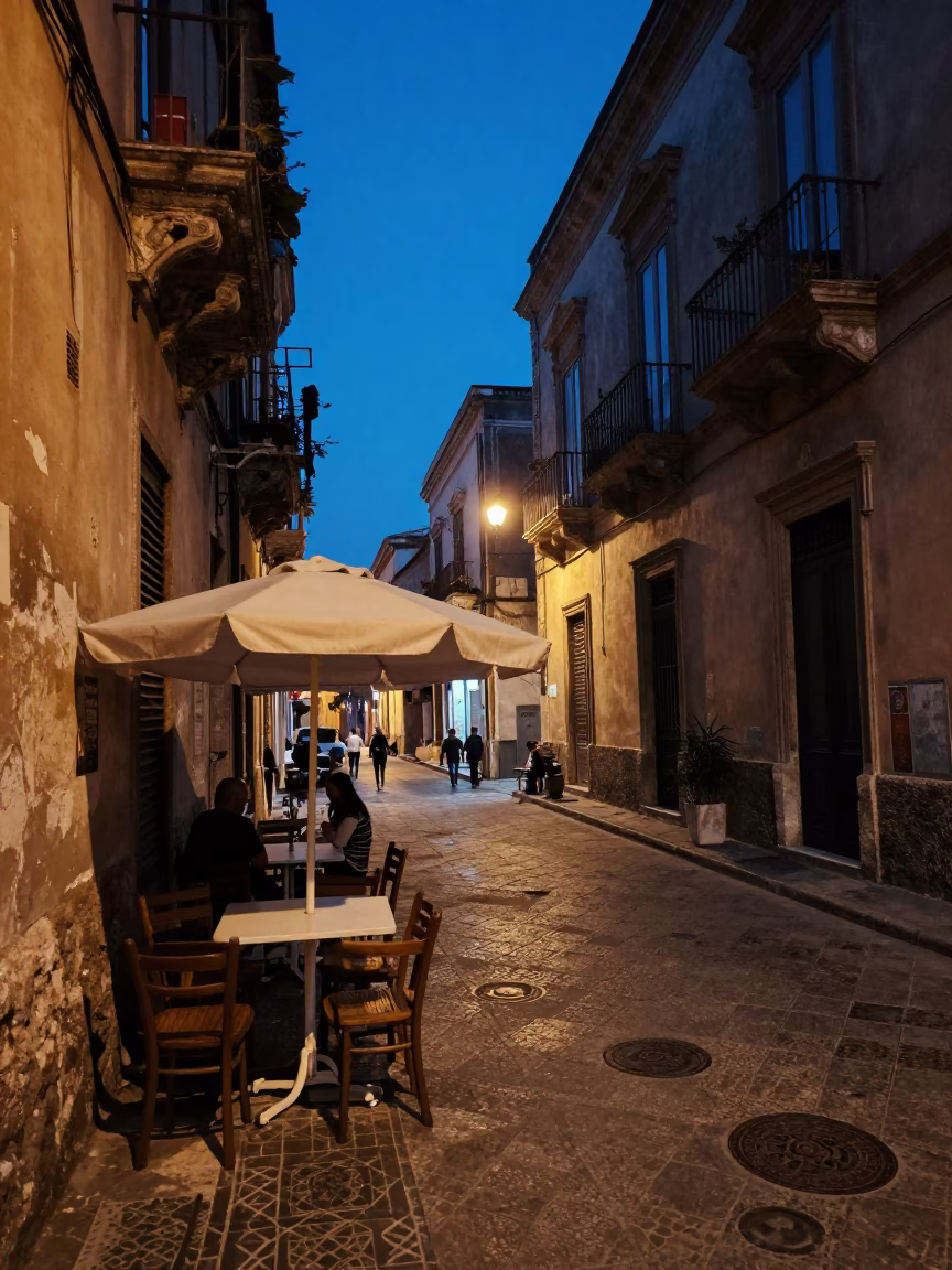 Palermo Evening Street Scene with Umbrella Stand and Local Commerce in in Palermo, Italy