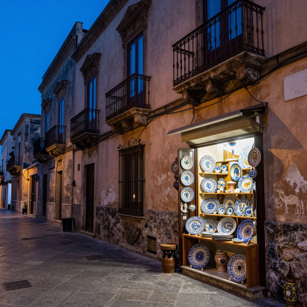 Palermo Evening Street Scene with Vintage Majolica and Metal Stools in in Palermo, Italy
