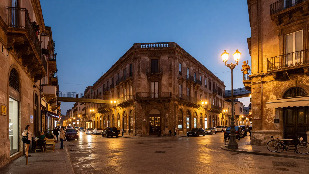 Palermo Evening Street Scene with Vitello Tonnato and Candlelit Cafe Atmosphere in in Palermo, Italy