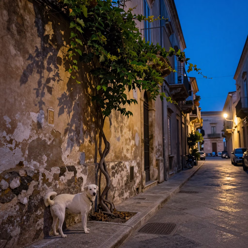 Palermo Evening Street Scene with White Dog and Vine in Blue Light in in Palermo, Italy