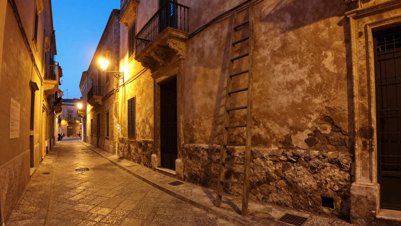 Palermo Evening Street Scene with Wooden Ladder and Iron Hook in in Palermo, Italy