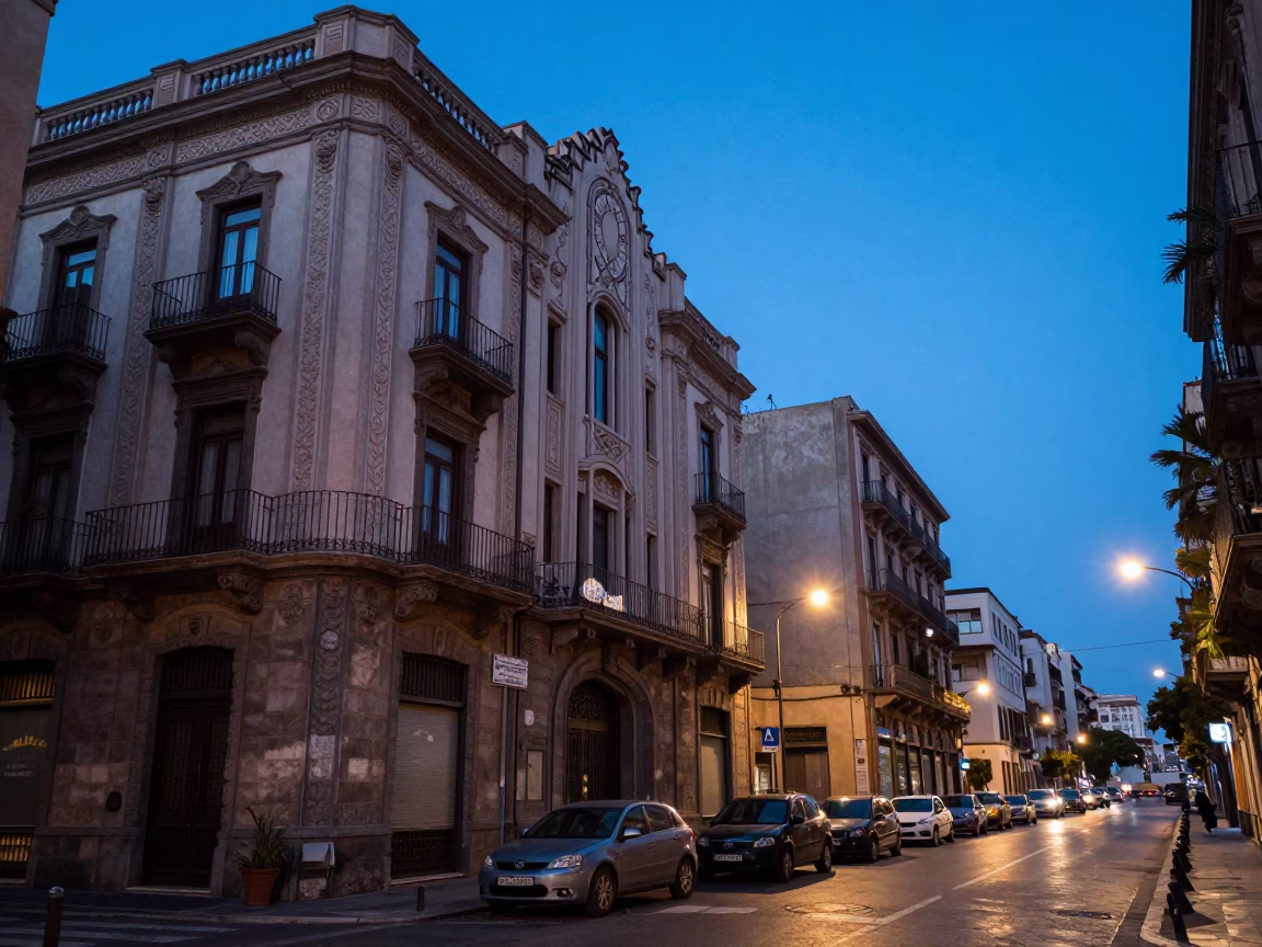 Palermo Italy Blue Hour Street Scene with Art Deco Facade and Local Evening Life in in Palermo, Italy