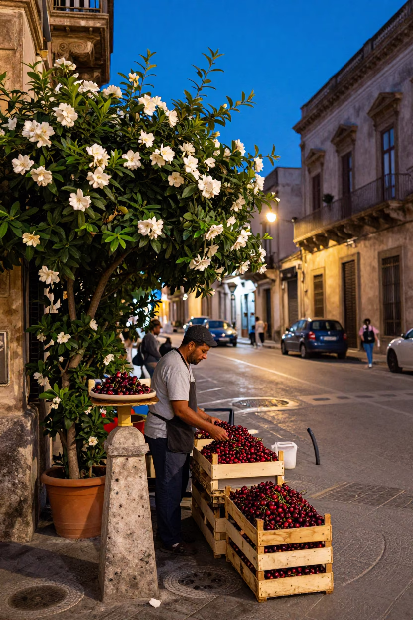 Palermo Italy Blue Hour Street Scene with Gardenia Bush and Cherry Vendor in in Palermo, Italy