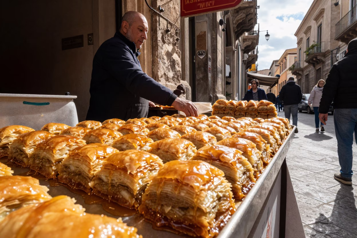 Palermo Italy Early Afternoon Street Scene with Honey Dripping Baklava Tray in in Palermo, Italy