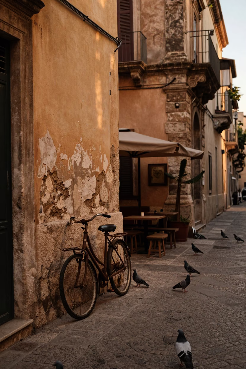 Palermo Italy Evening Street Scene with Bicycle and Pigeons in Honeyed Light in in Palermo, Italy