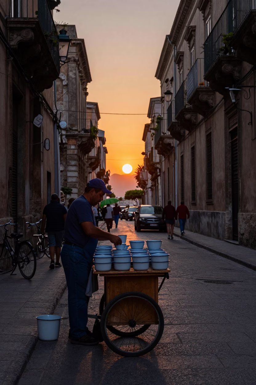 Palermo Italy Evening Street Scene with Ceramic Cup and Enamel Bowls in in Palermo, Italy
