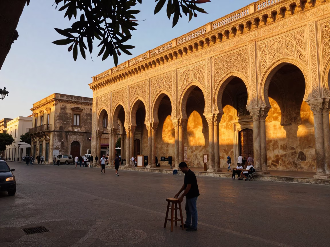 Palermo Italy Evening Street Scene with Frangipani Branch and Local Market Activity in in Palermo, Italy