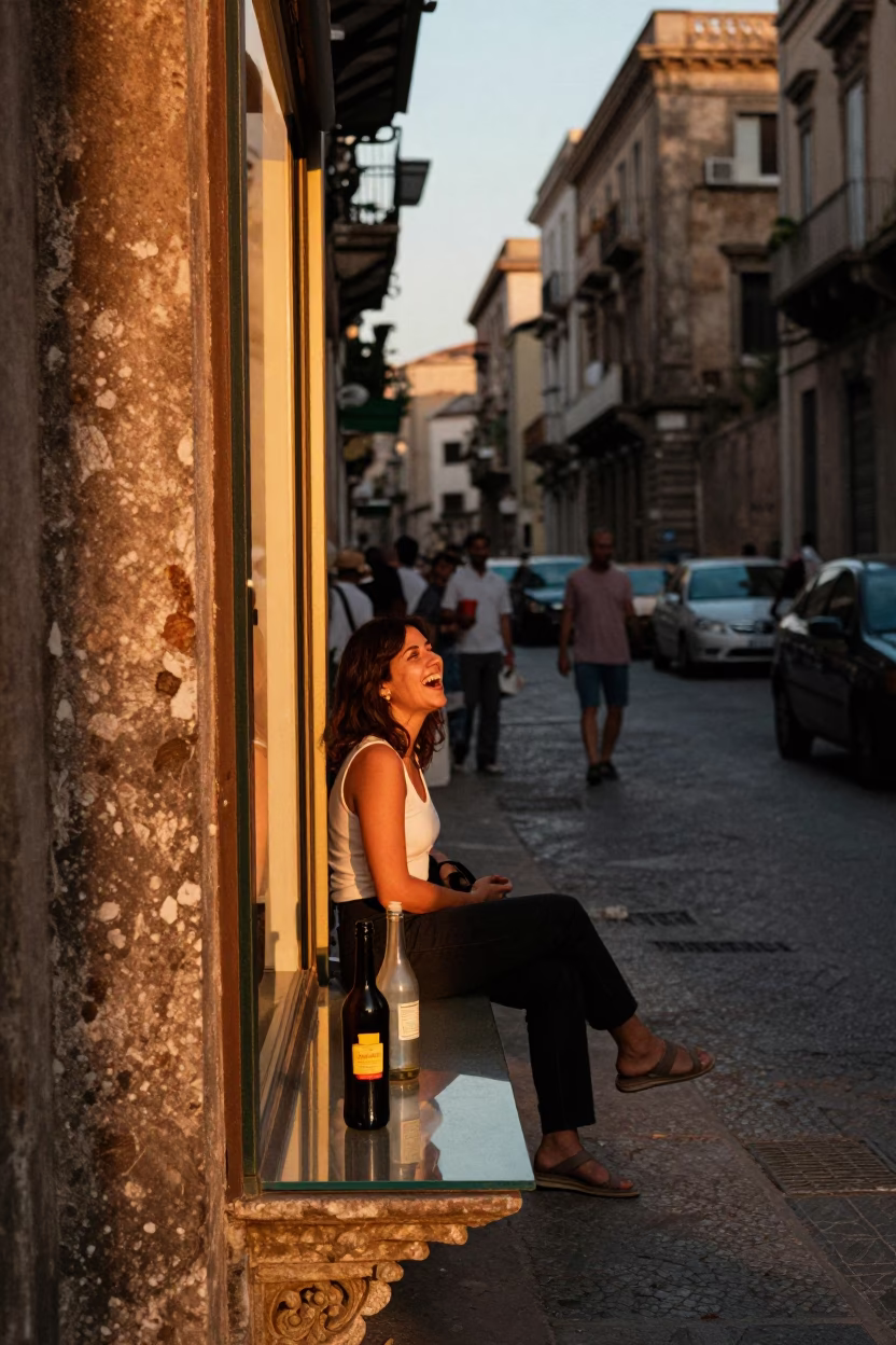 Palermo Italy Evening Street Scene with Glass Sill and Bottle Caddy in in Palermo, Italy