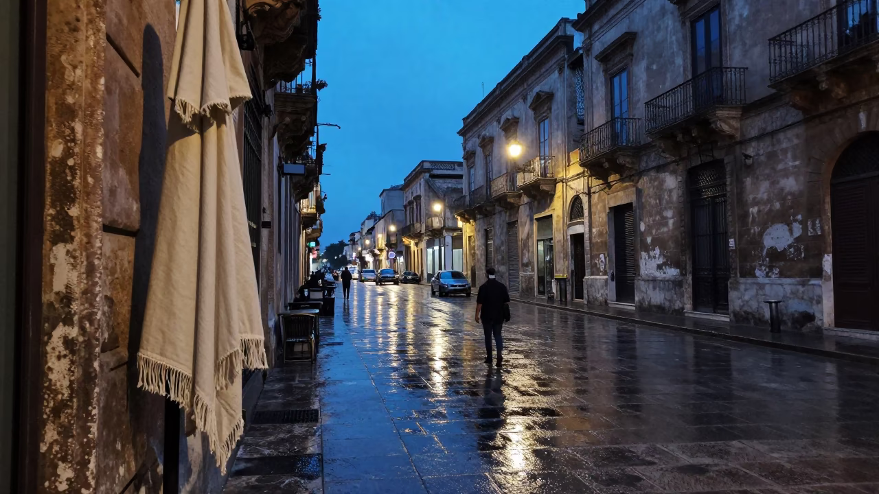 Palermo Italy Evening Street Scene with Linen Fringe and Wet Flagstones in Blue Light in in Palermo, Italy