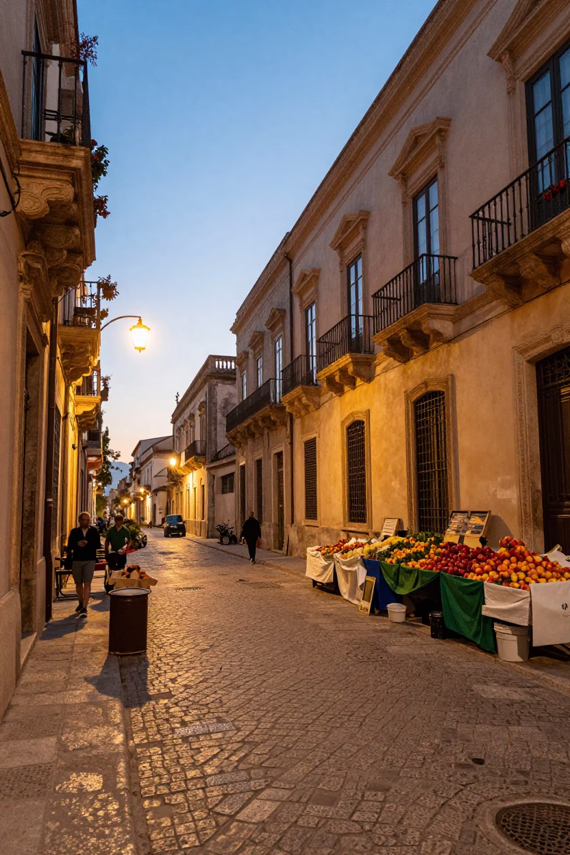 Palermo Italy Evening Street Scene with Nectarines and Local Market Life in in Palermo, Italy