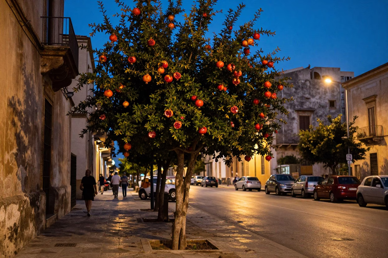 Palermo Italy Evening Street Scene with Pomegranate Tree and City Lights in in Palermo, Italy